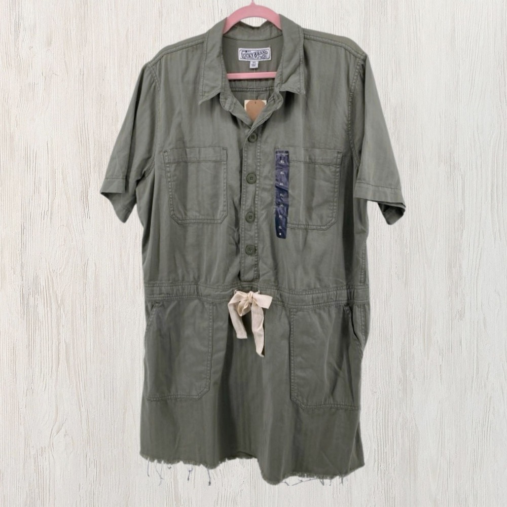 Lucky Brand Women XL Olive Green Utility Shirt Dress Cotton Raw Hem Military
